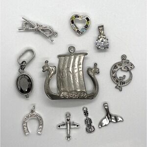Vintage to Modern Lot of 10 Silver Tone Pendants Rhinestone Norge Viking Heart‎
